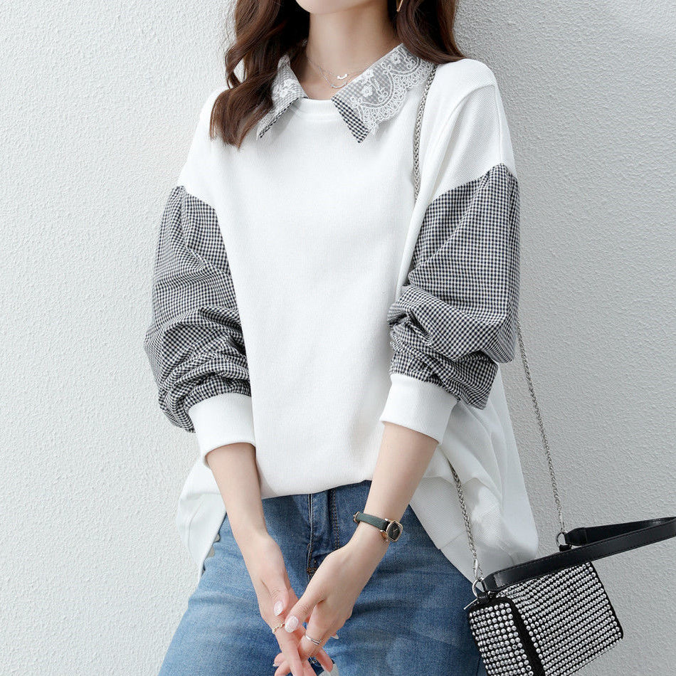 Lace Lapel Plaid Long Sleeve Loose Sweatshirt