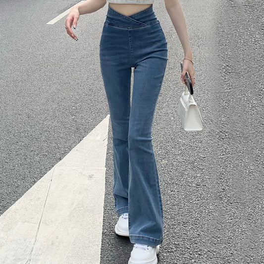 High Waist Jeans Straight Fit Micro Flare Long Pants