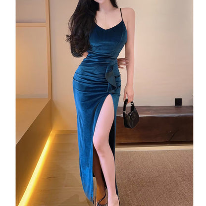 V-Neck Halter Back Slit Velvet Party Dress