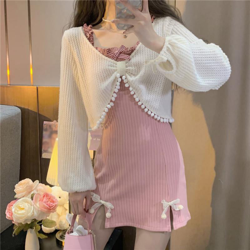 Slit Slim Bow Pink Dress White Cardigan Set