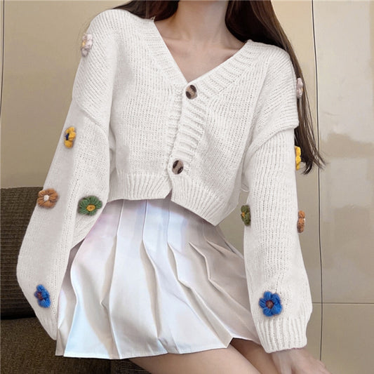 Flower V-Neck Sweater Cardigan White Pleated Skirt Set