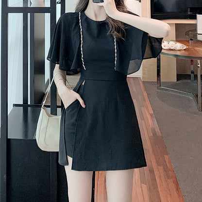 Bat Sleeve Slim Fit Black Dress Shorts Set