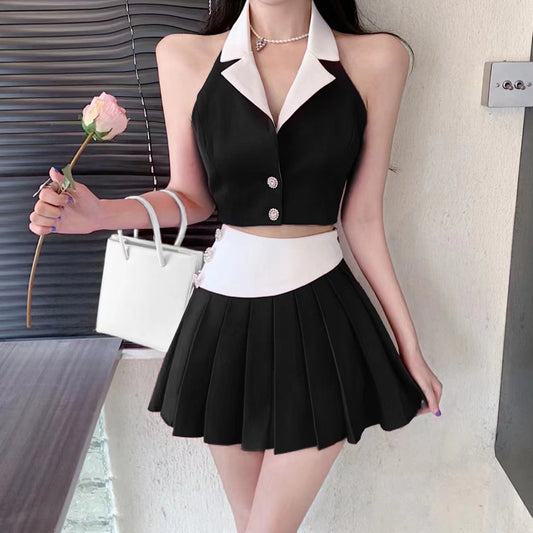 Sleeveless Blazer High Waist Pleated Skirt Set