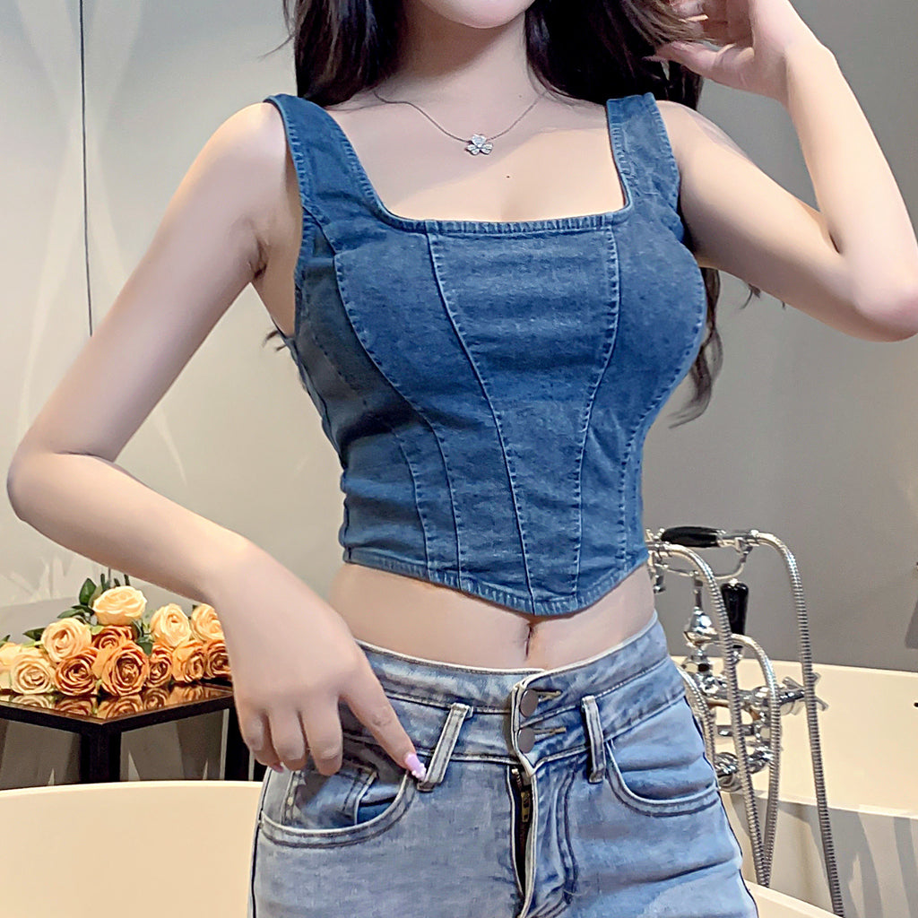 Square Neck Zipper Irregular Fit Denim Vest Top