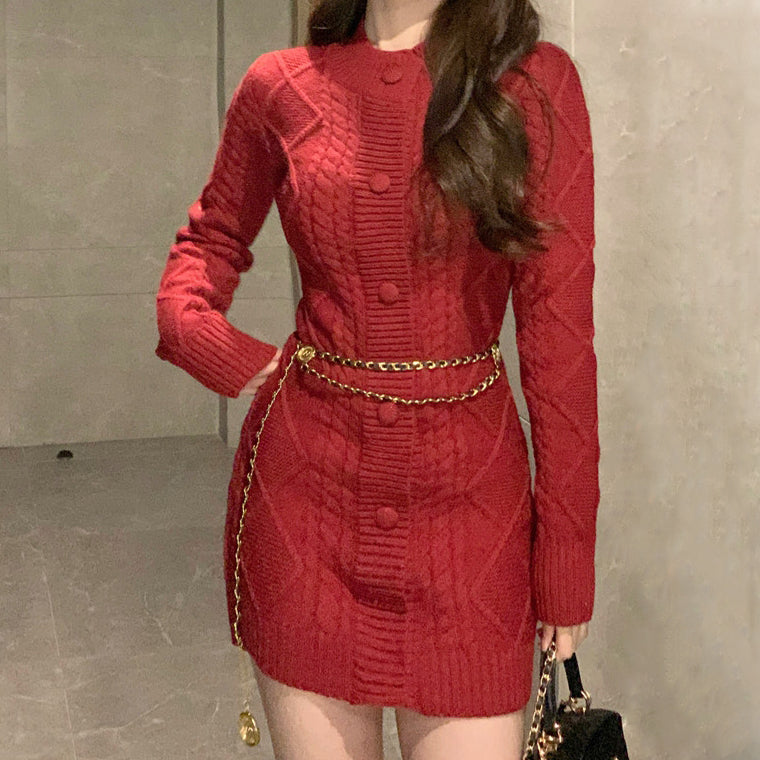 Braided Single-Breasted Crewneck Knitted Dress