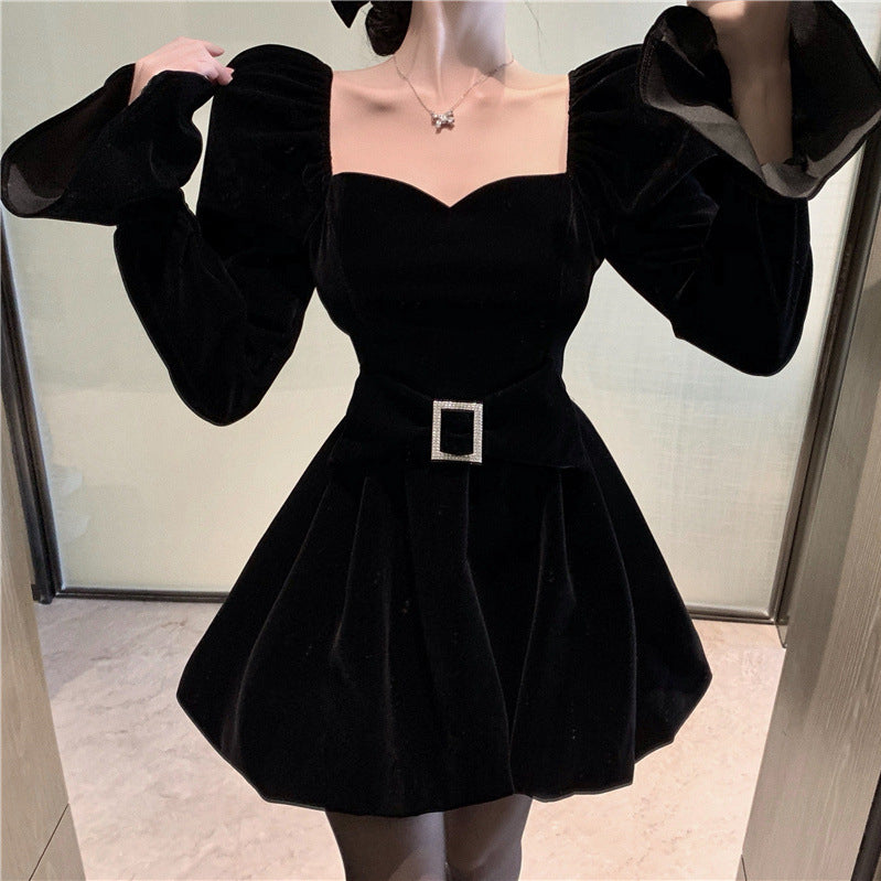 Trumpet Sleeve Velvet Square Neck Waist Black Dress