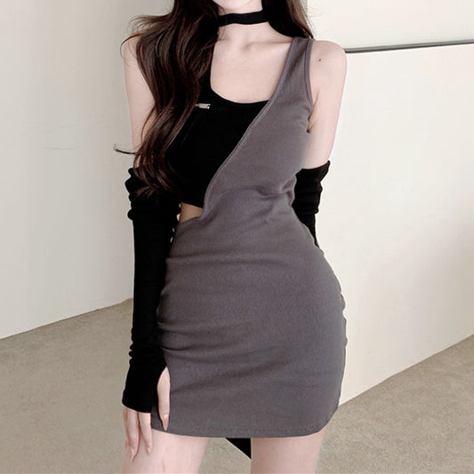 Colorblock Halterneck Off-The-Shoulder Bodycon Dress