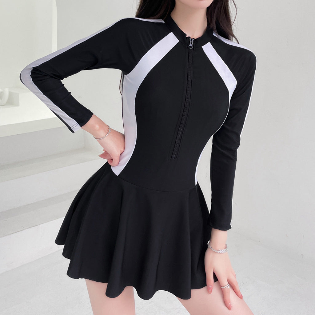 Long Sleeve Black Zip One Piece Swimsuit