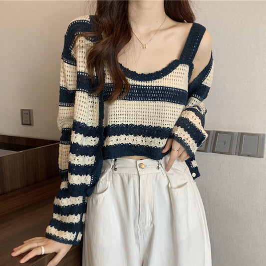 Striped Knit Tank Top Long Sleeve Cardigan Set