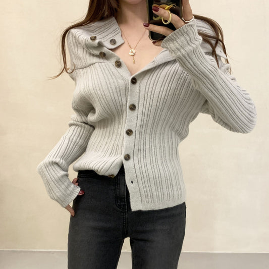 Off-The-Shoulder Single-Breasted Knitted Cardigan