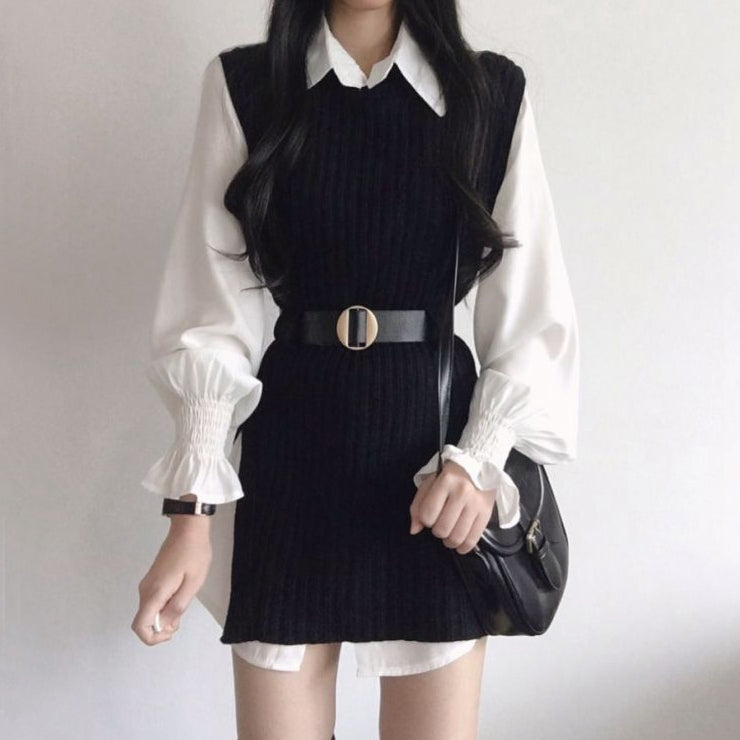 Flared Sleeve Shirt Belt Knitted Vest Winter Dress Set