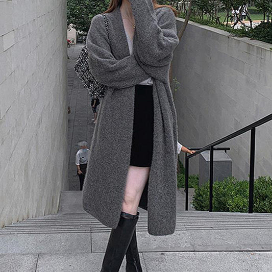 Solid Color Long Sleeve Long Knit Cardigan Coat