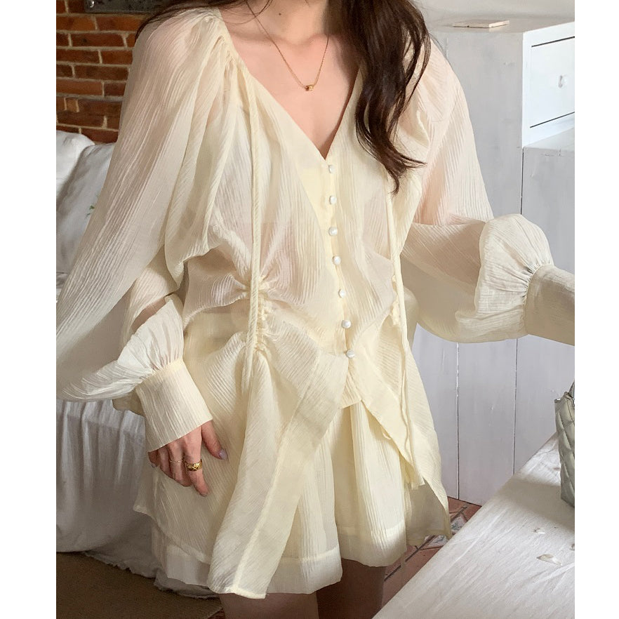 V-Neck Tie Drawstring Shirt High Waist Wide-Leg Shorts Set