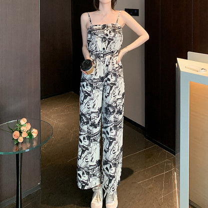 Ink Print Pocket Wide-Leg Suspender Jumpsuit