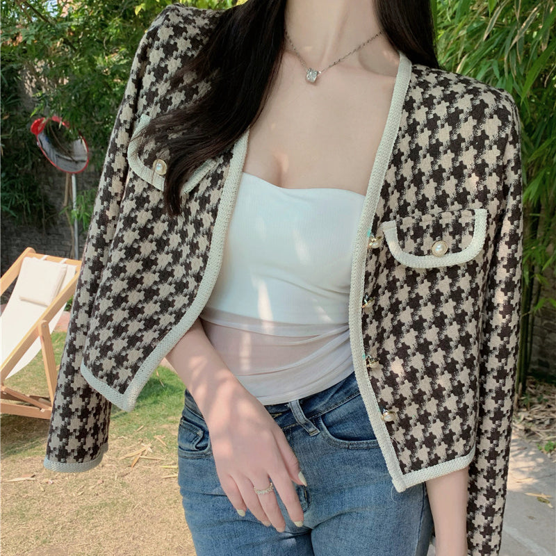 Long-Sleeve Single-Breasted Houndstooth Coat Top Winter Clothes