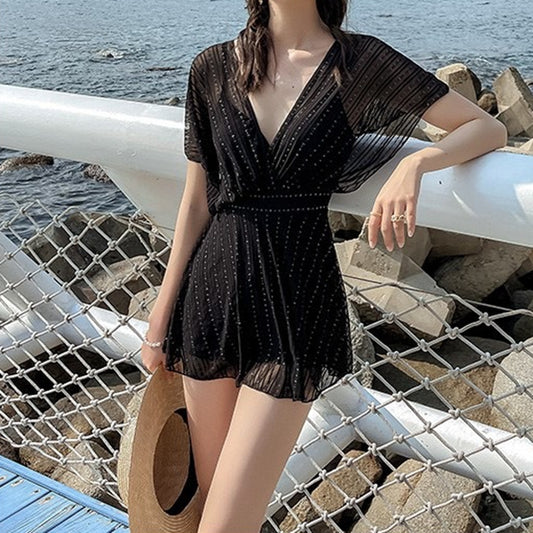 Black V-Neck Short Sleeve One Piece Swimsuit