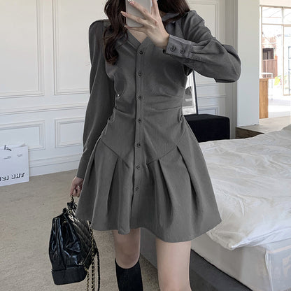 Single-Breasted Pleated V-Neck Fitted Shirt Dress