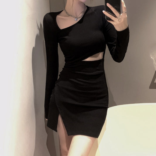 Long Sleeve Slim Temperament Black Short Dress