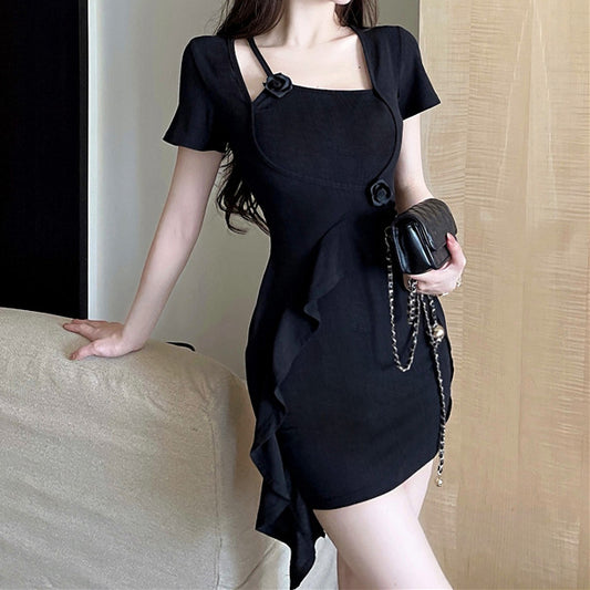 Black Rose Short Sleeve Irregular Bodycon Dress