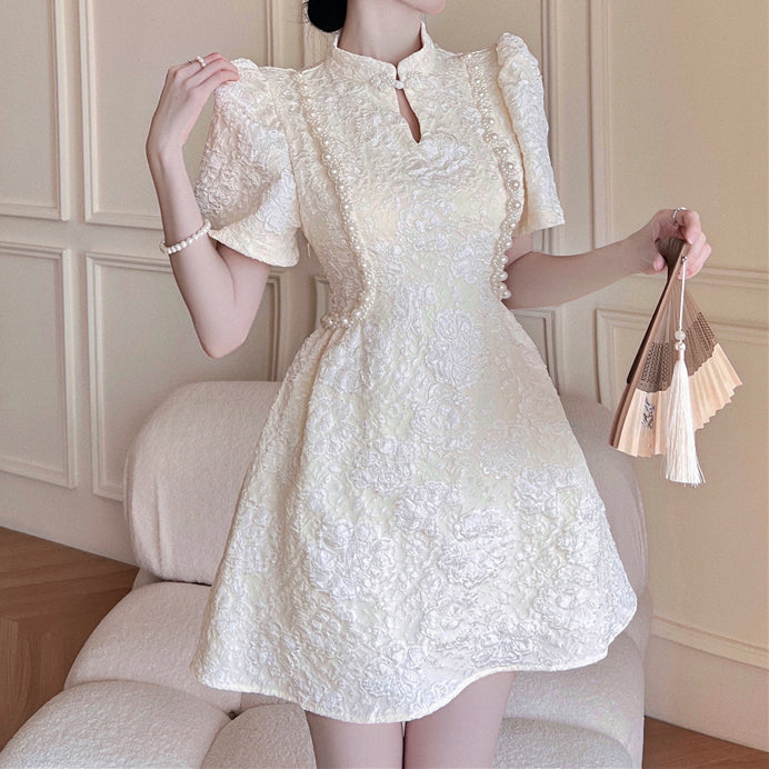 Pearl Jacquard Short-Sleeved Qipao Retro Dress