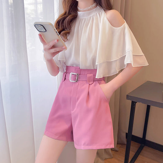 Off-The-Shoulder Chiffon Top High Waist Shorts Set