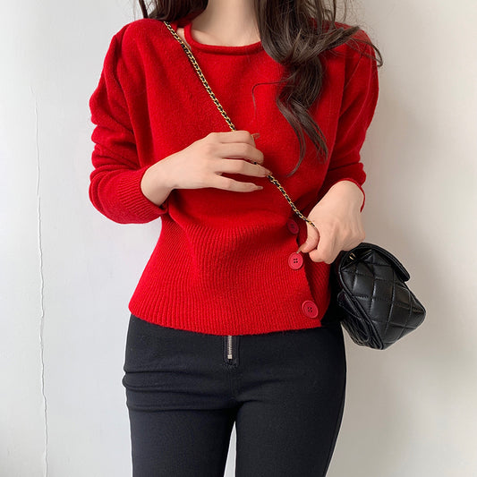 Waist-In Fake Two-Piece Three-Button Knit Sweater