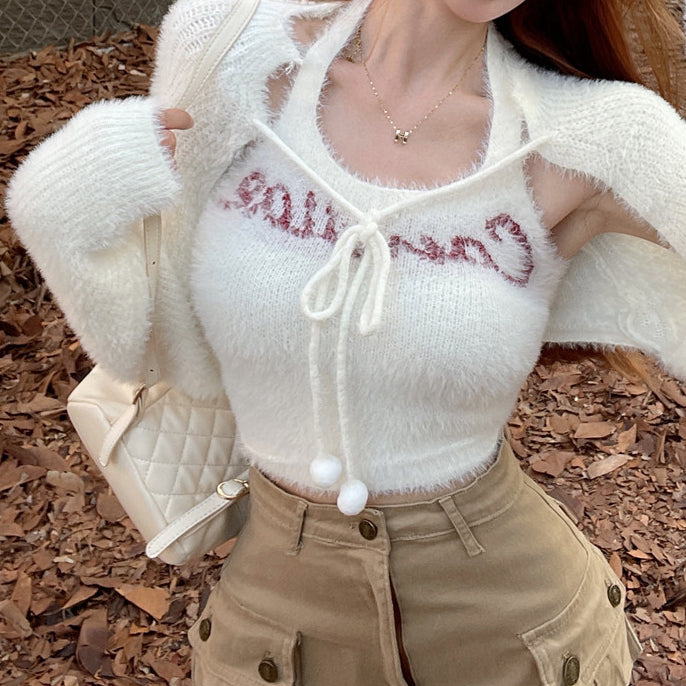 Set Knitted Halterneck Vest Cardigan Sweater Top