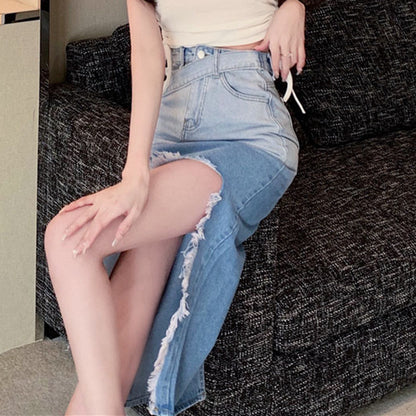 High Waist Gradient Blue Denim Slit Skirt