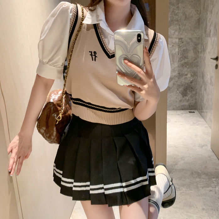 Polo Collar Top T-Shirt Striped Pleated Skirt