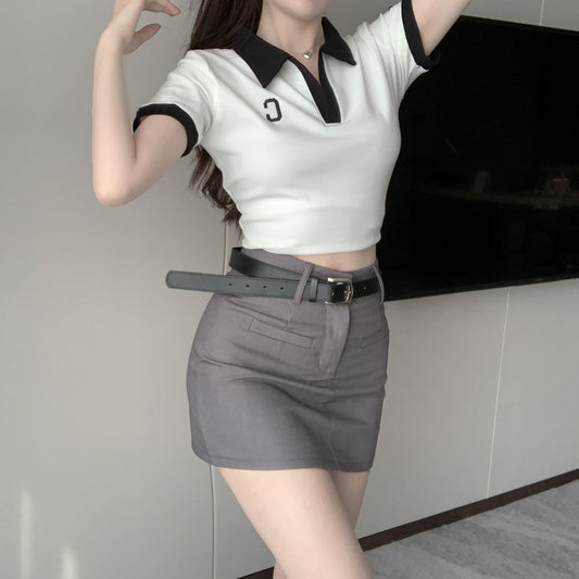 Polo Collar T-Shirt High Waist Skirt Set