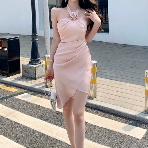 Pink Rose Off-Shoulder Satin Halter Neck Fitted Dress