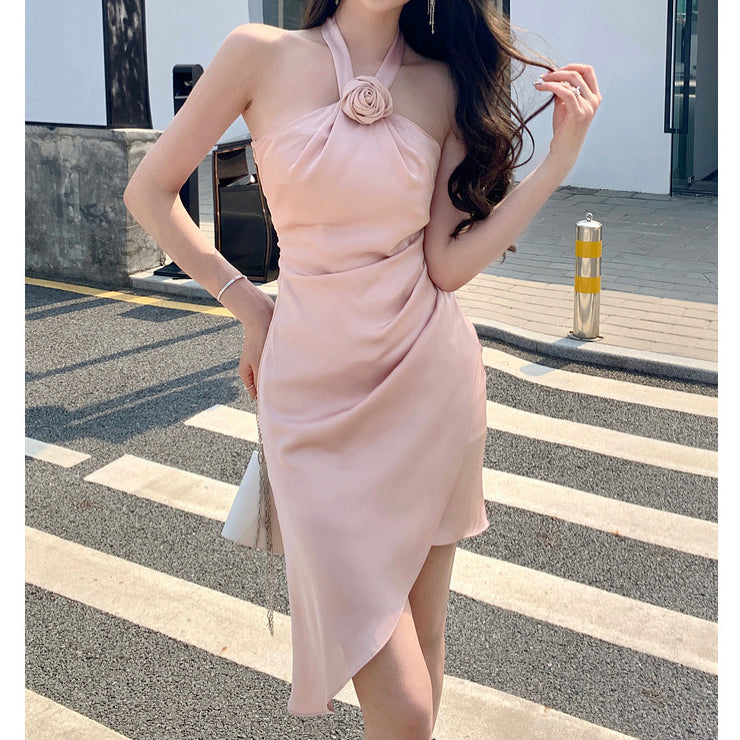 Pink Rose Off-Shoulder Satin Halter Neck Fitted Dress