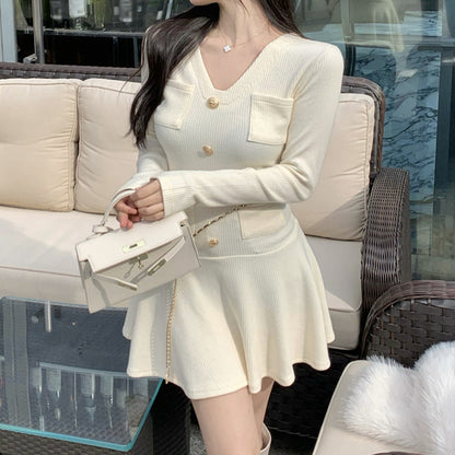 V-Neck Solid Single-Breasted Bodycon Knit Dress