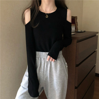 Off-The-Shoulder Long-Sleeved Round Neck T-Shirt Top