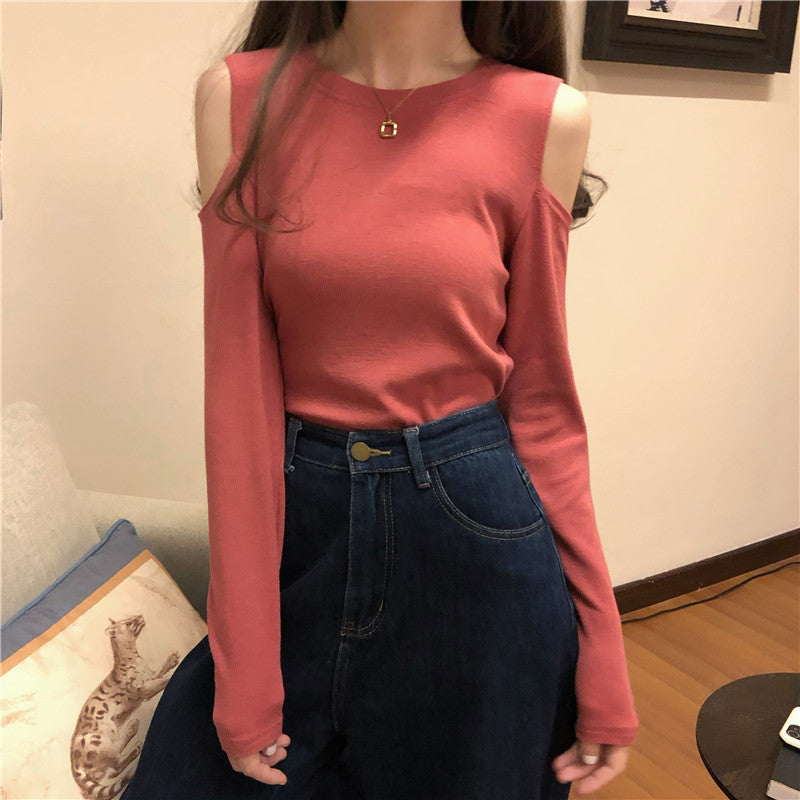 Off-The-Shoulder Long-Sleeved Round Neck T-Shirt Top