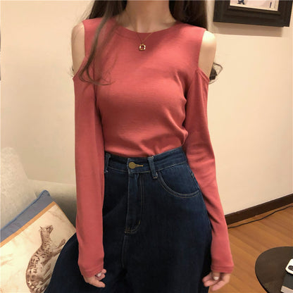 Off-The-Shoulder Long-Sleeved Round Neck T-Shirt Top