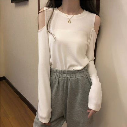 Off-The-Shoulder Long-Sleeved Round Neck T-Shirt Top