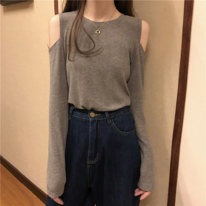 Off-The-Shoulder Long-Sleeved Round Neck T-Shirt Top