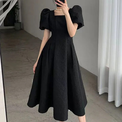 Double Layer Lined Puff Sleeve A-Line Dress