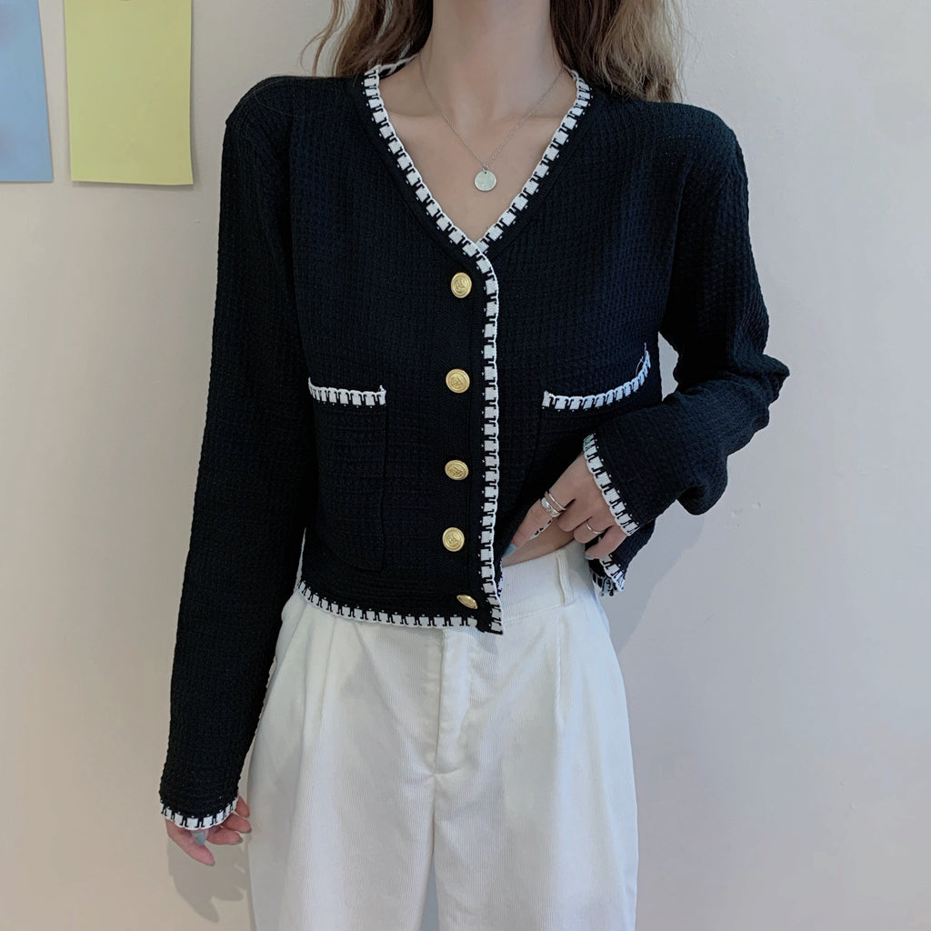 V-Neck Long-Sleeved Sweater Solid Color Cardigan Top