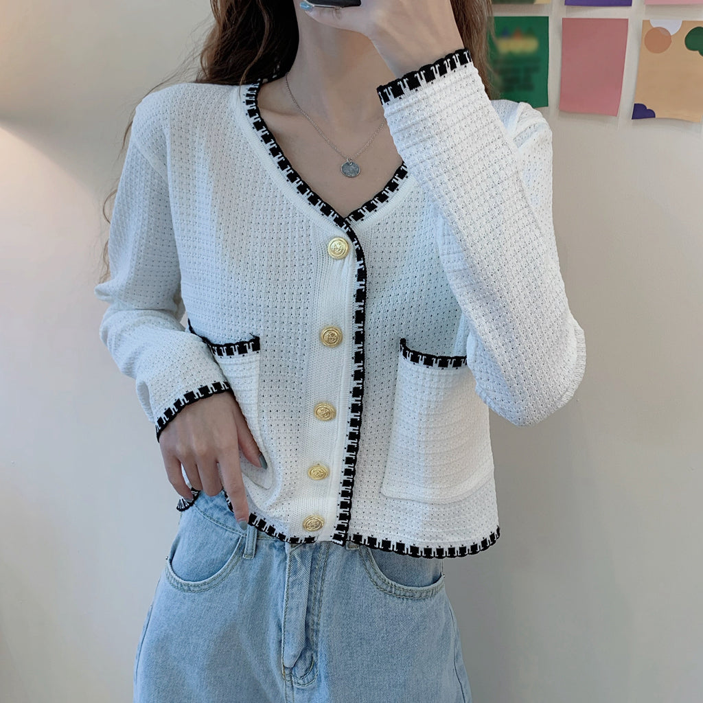 V-Neck Long-Sleeved Sweater Solid Color Cardigan Top