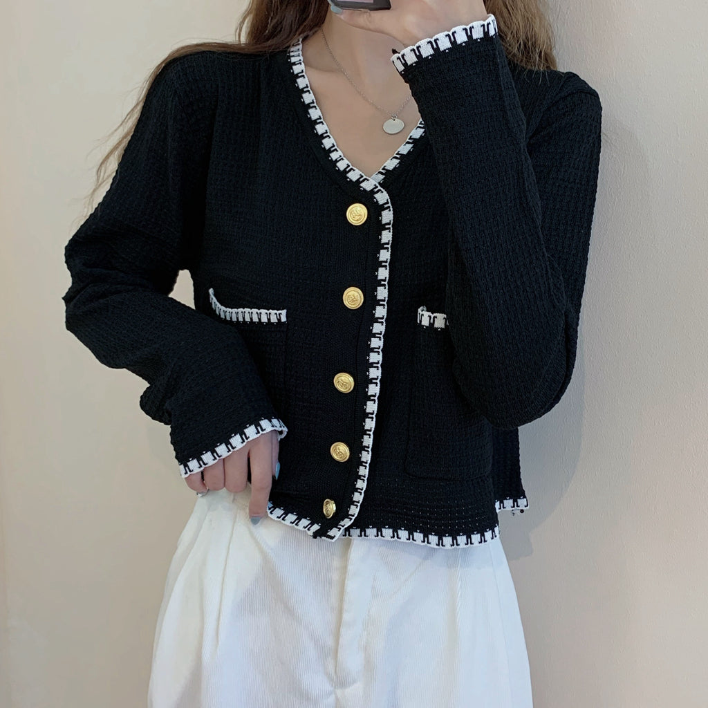 V-Neck Long-Sleeved Sweater Solid Color Cardigan Top