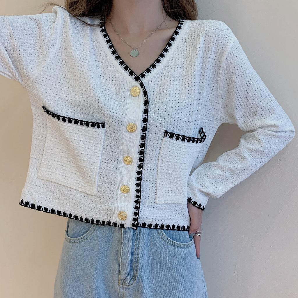 V-Neck Long-Sleeved Sweater Solid Color Cardigan Top