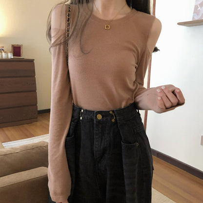 Off-The-Shoulder Long-Sleeved Round Neck T-Shirt Top