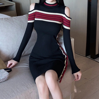 Colorblock Off-The-Shoulder Split Knit Winter Dress