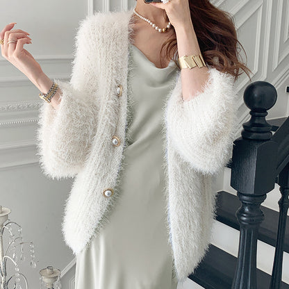 Single-Breasted Pearl-Button Cardigan Sweater Winter Coat