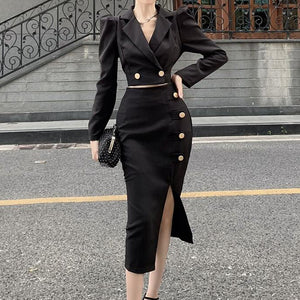 Lapel Blazer Top Button Slit Skirt Set – DRESSVY