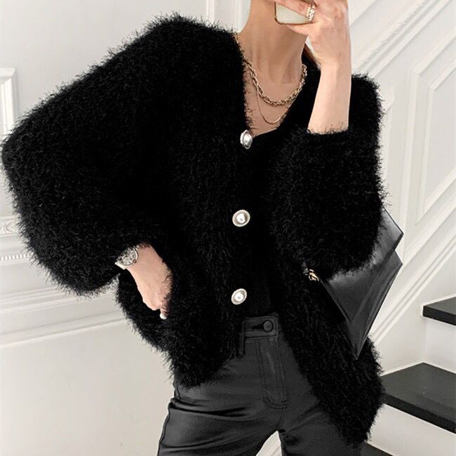 Single-Breasted Pearl-Button Cardigan Sweater Winter Coat