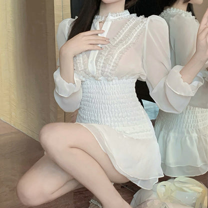 Chiffon Long Sleeve White Short Dress