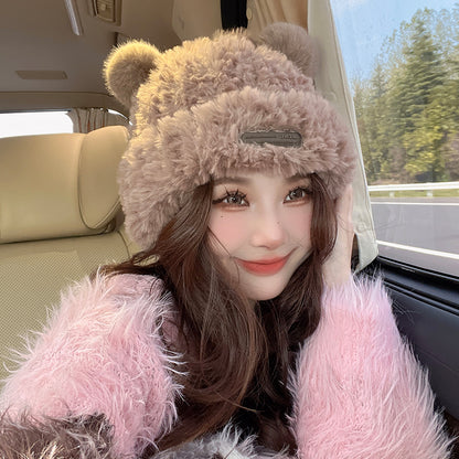 Warm Plush Cute Bear Ear Cap Knitted Hat